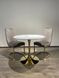 Designer table DROP WHITE GLOSSY MARBLE (round designer table with a single leg, top: white glossy marble, gold metal leg).