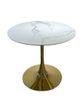 Designer table DROP WHITE GLOSSY MARBLE (round designer table with a single leg, top: white glossy marble, gold metal leg).