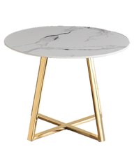 Дизайнерский кофейный столик КОРСИКА БЕЛЫЙ МАРМУР ГЛЯНЕЦ (круглый дизайнерский кофейный стол с элегантной ножкой, столешница: белый глянцевый мрамор, золотая ножка металл).