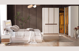 Set de dormitor BERLIN (Pat 180, dulap coltar cu 7 uși, 2 noptiere, masă de toaletă și oglindă)