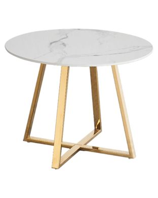 Designer coffee table CORSICA WHITE GLOSSY MARBLE (round designer coffee table with a stylish leg, top: white glossy marble, gold metal leg).