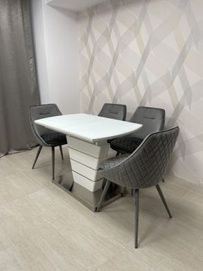 Dining table MADRID WHITE MATTE 110/150*70*76 (extendable table with mechanism, table-top white matte MDF + white matte glass, leg white matte MDF + stainless steel strips, bottom MDF covered with stainless steel)(29571)