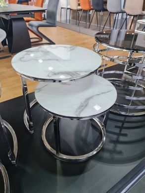 Coffee table set ATLANTA B II WHITE MARBLE EFFECT with CHROME (GLASS/METAL) 53&times;45/43&times;35 cm