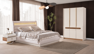 Set de dormitor BERLIN (Pat 180, dulap cu 3 uși, 2 noptiere, masă de toaletă și oglindă)