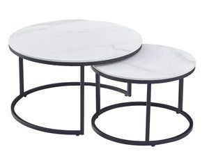 Set măsuțe de cafea FERRANTE C ALB EFECT DE MARMURĂ cu NEGRU MAT (CERAMICĂ/METAL) 80&times;42/60&times;38 cm
