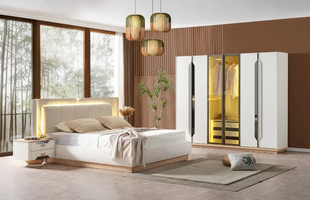 Set de dormitor ROTA (Pat 180, dulap cu 6 uși, 2 noptiere, masă de toaletă și oglindă)