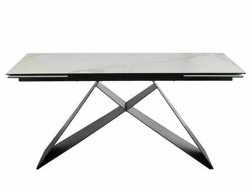 Masă de dining extensibilă WESTIN, blat din sticlă securizată și ceramică italiană STATUARIO VENATO cu efect de marmură, alb/negru mat, 77&times;90&times;180/260 cm