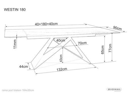 Masă de dining extensibilă WESTIN, blat din sticlă securizată și ceramică italiană STATUARIO VENATO cu efect de marmură, alb/negru mat, 77&times;90&times;180/260 cm