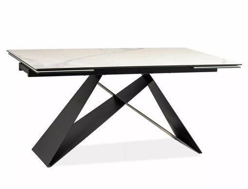 Masă de dining extensibilă WESTIN, blat din sticlă securizată și ceramică italiană STATUARIO VENATO cu efect de marmură, alb/negru mat, 77&times;90&times;180/260 cm