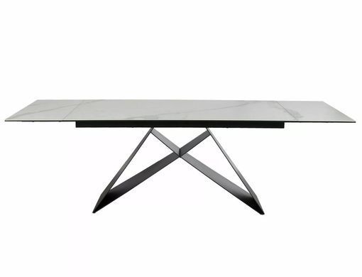 Masă de dining extensibilă WESTIN, blat din sticlă securizată și ceramică italiană STATUARIO VENATO cu efect de marmură, alb/negru mat, 77&times;90&times;180/260 cm
