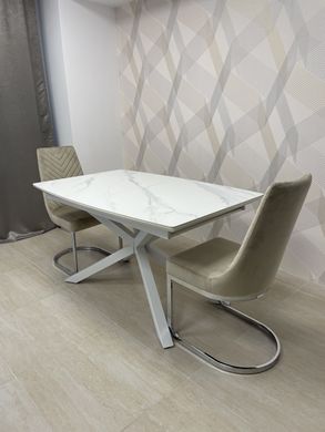 Dining table TENERIFE WHITE MARBLE 140/190*90*76 (extendable table with mechanism, table-top MDF white marble + white marble sintered stone, leg metal white marble)(29573)