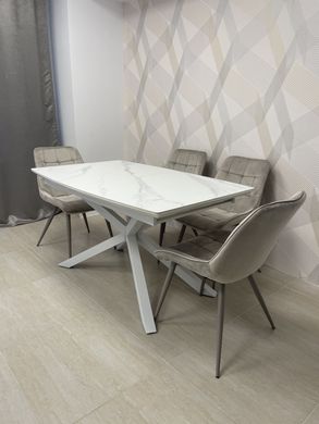 Dining table TENERIFE WHITE MARBLE 140/190*90*76 (extendable table with mechanism, table-top MDF white marble + white marble sintered stone, leg metal white marble)(29573)