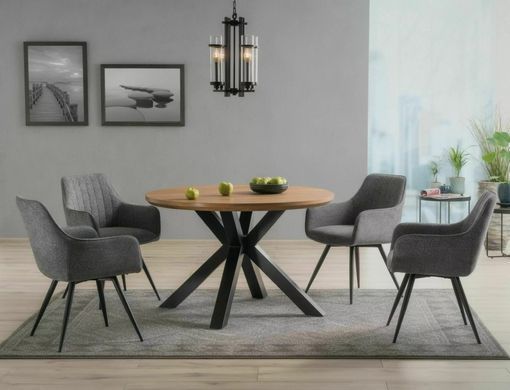 Masă de dining RITMO, blat din furnir de stejar, cadru metalic negru mat, 76,5 &times; 120 cm