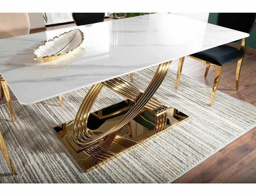 Masă de dining HERMES ALB EFECT MARMURĂ cu AURIU (CERAMICĂ/OȚEL INOXIDABIL) 160&times;90 cm