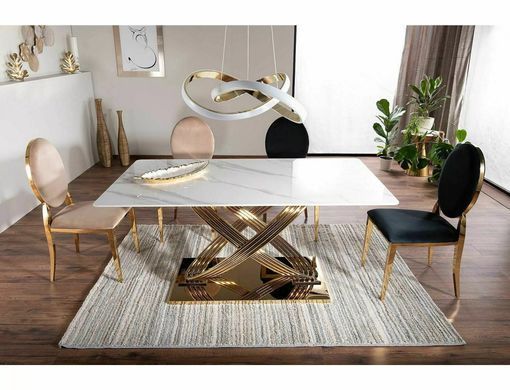 Masă de dining HERMES ALB EFECT MARMURĂ cu AURIU (CERAMICĂ/OȚEL INOXIDABIL) 160&times;90 cm