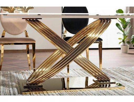 Masă de dining HERMES ALB EFECT MARMURĂ cu AURIU (CERAMICĂ/OȚEL INOXIDABIL) 160&times;90 cm
