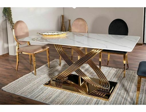 Masă de dining HERMES ALB EFECT MARMURĂ cu AURIU (CERAMICĂ/OȚEL INOXIDABIL) 160&times;90 cm