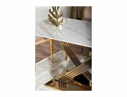 Masă de dining HERMES ALB EFECT MARMURĂ cu AURIU (CERAMICĂ/OȚEL INOXIDABIL) 160&times;90 cm