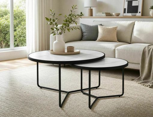 Set of coffee tables ITALIA MATT WHITE with MATT BLACK (CERAMIC/METAL) 80&times;50/60&times;45 cm