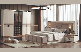 Set de dormitor NOBEL (Pat 180, dulap cu 6 uși, 2 noptiere, masă de toaletă și oglindă)