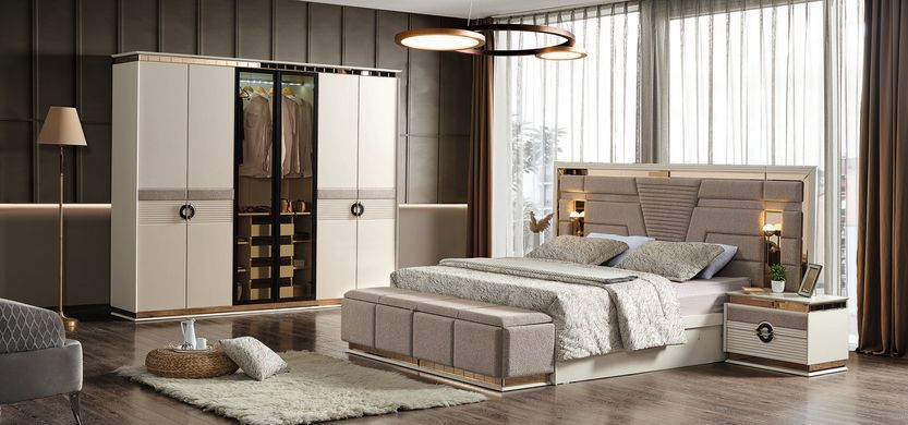Set de dormitor NOBEL (Pat 180, dulap cu 6 uși, 2 noptiere, masă de toaletă și oglindă)