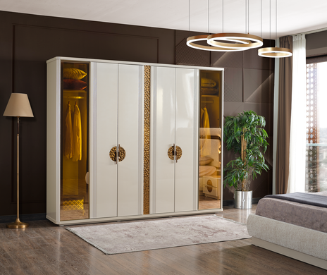 Set de dormitor NOVA (Pat 180, dulap cu 6 uși, 2 noptiere, masă de toaletă și oglindă)