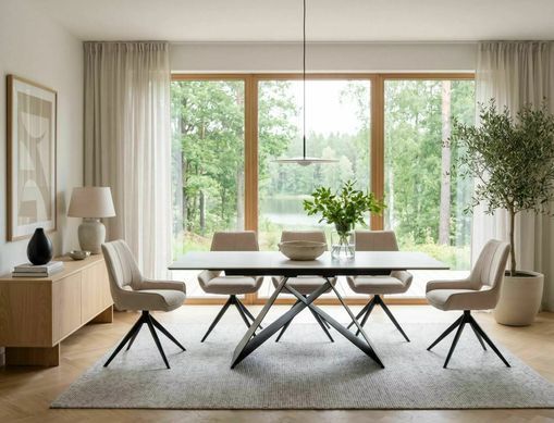 Masă de dining extensibilă WESTIN, blat din sticlă securizată și ceramică JASPER WHITE cu efect de marmură, alb mat/negru mat, 76&times;80&times;120/160 cm