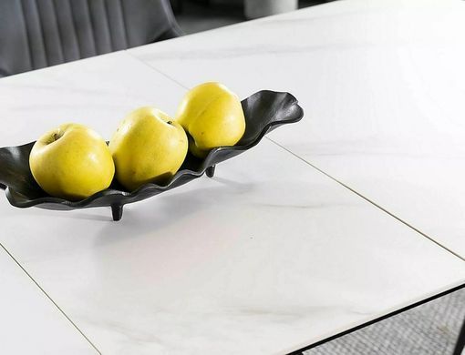 Masă de dining extensibilă WESTIN, blat din sticlă securizată și ceramică JASPER WHITE cu efect de marmură, alb mat/negru mat, 76&times;80&times;120/160 cm