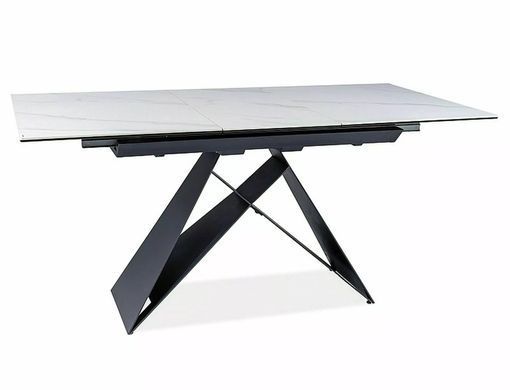 Masă de dining extensibilă WESTIN, blat din sticlă securizată și ceramică JASPER WHITE cu efect de marmură, alb mat/negru mat, 76&times;80&times;120/160 cm