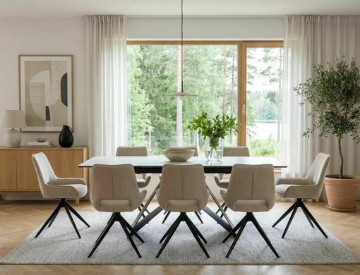 Masă de dining extensibilă WESTIN, blat din sticlă securizată și ceramică JASPER WHITE cu efect de marmură, alb mat/negru mat, 76&times;80&times;120/160 cm