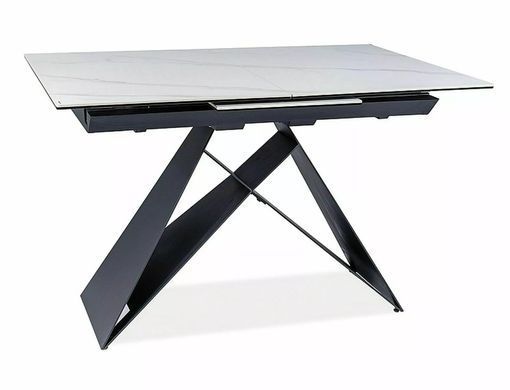 Masă de dining extensibilă WESTIN, blat din sticlă securizată și ceramică JASPER WHITE cu efect de marmură, alb mat/negru mat, 76&times;80&times;120/160 cm