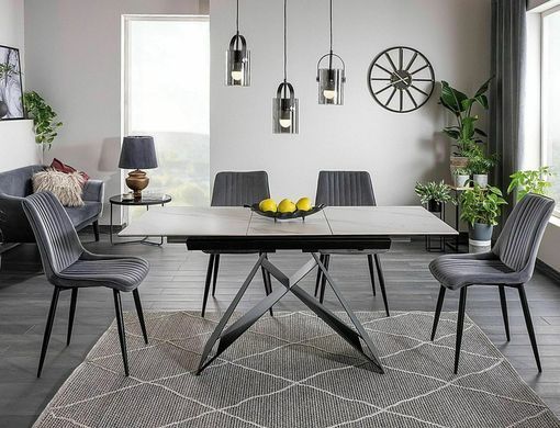 Masă de dining extensibilă WESTIN, blat din sticlă securizată și ceramică JASPER WHITE cu efect de marmură, alb mat/negru mat, 76&times;80&times;120/160 cm