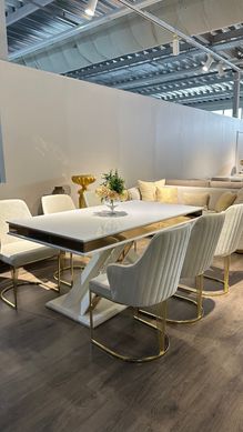 Dining folding table   MILANO CREAM+GOLD 180/220/260*95*77 (table-top cream glossy MDF + gold decor + cream glossy MDF insert, cream glossy leg + gold decorative strip of tempered glass)