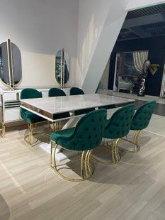 Обідній розкладний стіл MILANO MILK+MARBLE TOP+GOLD 180/220/260*95*77 (стільниця кремова глянцева МДФ + золотий декор + вставка кремова глянцева МДФ, ніжка кремова глянцева + золота декоративна смуга з гартованого скла)