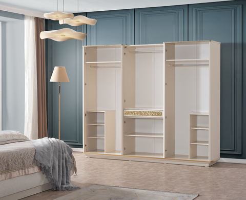Set de dormitor DURU (Pat 180, dulap cu 6 uși, 2 noptiere, masă de toaletă și oglindă)