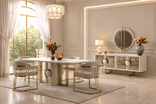 Set de living RIXOS (Masă, 6 scaune, comodă și oglinda)