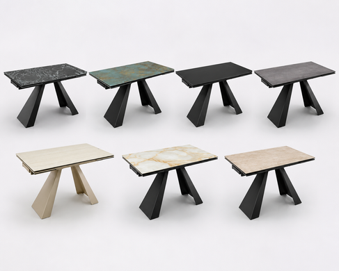 Masă de dining extensibilă SALVADORE, blat din ceramică Onice Oro, bej lucios, cadru metalic negru mat 77&times;90&times;160 (240) cm