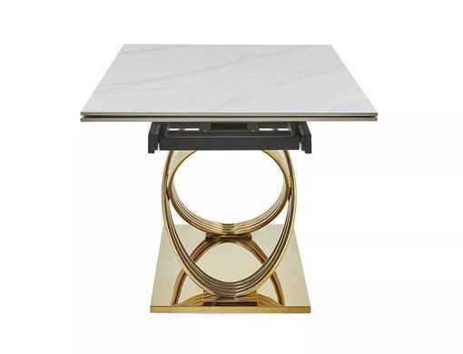 Masă de dining HERMES II ALB LUCIOS EFECT MARMURĂ cu AURIU (CERAMICĂ/OȚEL INOXIDABIL) 160(240)&times;90 cm