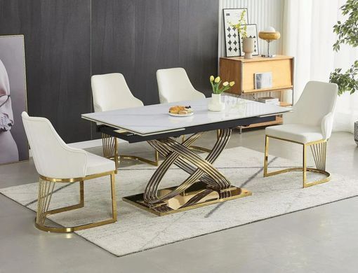 Masă de dining HERMES II ALB LUCIOS EFECT MARMURĂ cu AURIU (CERAMICĂ/OȚEL INOXIDABIL) 160(240)&times;90 cm