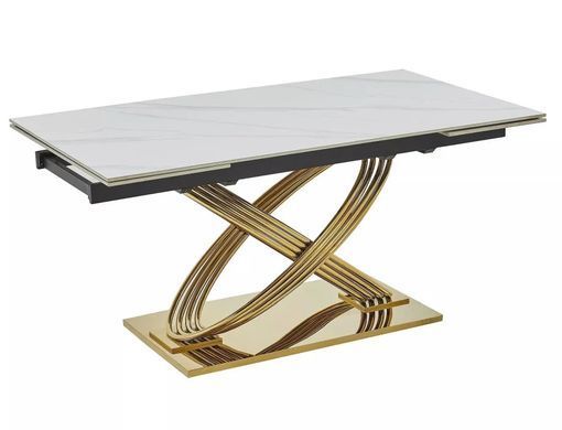 Masă de dining HERMES II ALB LUCIOS EFECT MARMURĂ cu AURIU (CERAMICĂ/OȚEL INOXIDABIL) 160(240)&times;90 cm