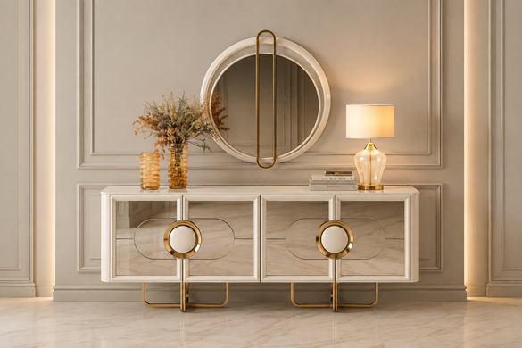 Set de living RIXOS (Masă, 6 scaune, comodă și oglinda)