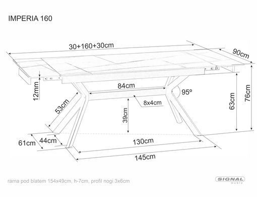 Masă de dining IMPERIA ALB MAT cu NEGRU MAT (CERAMICĂ/METAL) 160(220)&times;90 cm