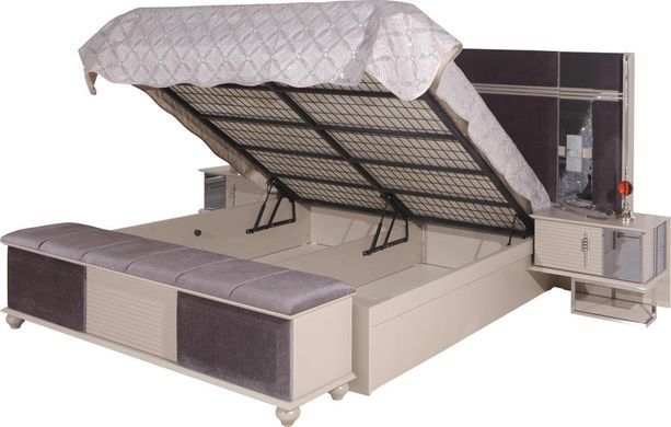 Set de dormitor SANNY (Pat 180, dulap cu 6 uși, 2 noptiere, masă de toaletă și oglindă, banchetă)