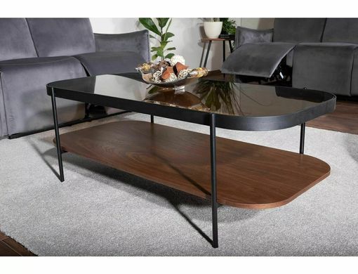 Măsuță de cafea PRIMA A CHIHLIMBAR cu NUC și NEGRU MAT (STICLĂ SECURIZATĂ, MDF FURNIRUIT/METAL) 120&times;58 cm