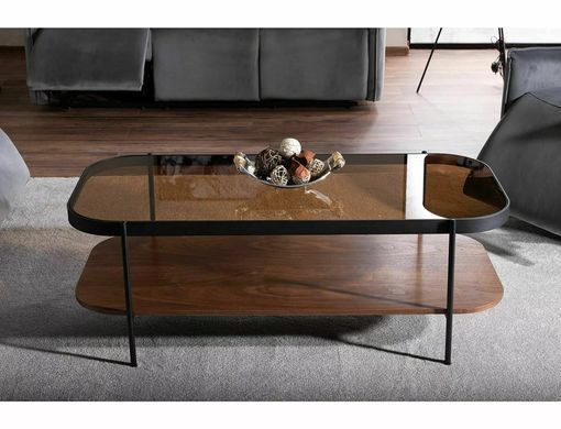 Măsuță de cafea PRIMA A CHIHLIMBAR cu NUC și NEGRU MAT (STICLĂ SECURIZATĂ, MDF FURNIRUIT/METAL) 120&times;58 cm