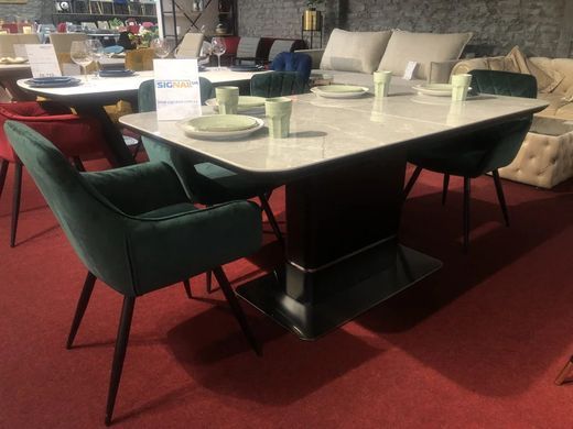 Masă de dining PALLAS CERAMIC GRI EFECT MARMURĂ cu NEGRU MAT (MDF/CERAMICĂ/OȚEL PERIAT) 160(210)&times;90 cm