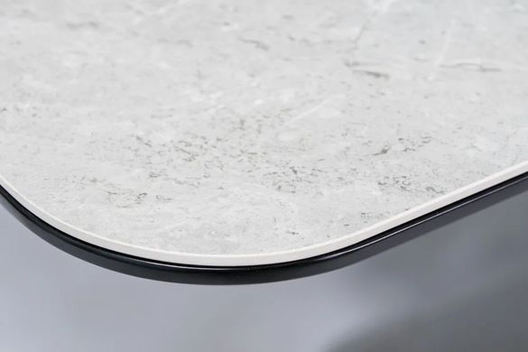 Masă de dining PALLAS CERAMIC GRI EFECT MARMURĂ cu NEGRU MAT (MDF/CERAMICĂ/OȚEL PERIAT) 160(210)&times;90 cm