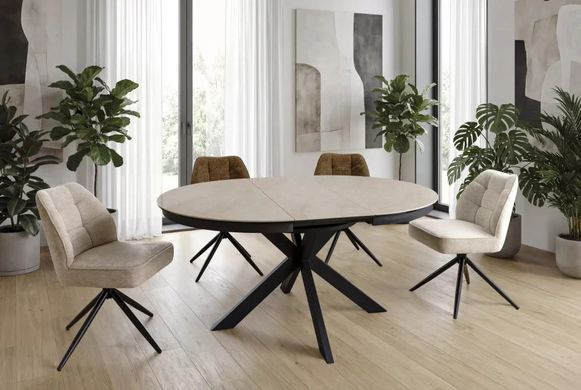 Masă de dining PORTO BEJ cu NEGRU MAT (STICLĂ/CERAMICĂ/METAL) 120(160)&times;120 cm