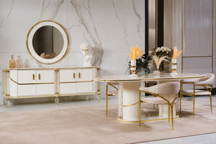 Set de living PARIS (Masă, 6 scaune, comodă și oglinda)